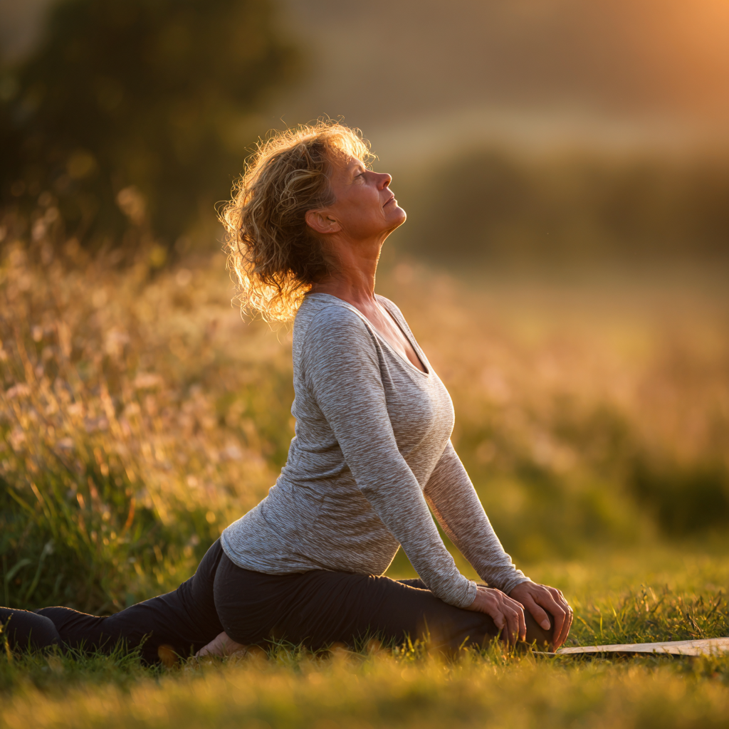 Peaceful Hungarian woman in her 40s practicing yoga in a serene natural setting, embodying body memory and mindful movement