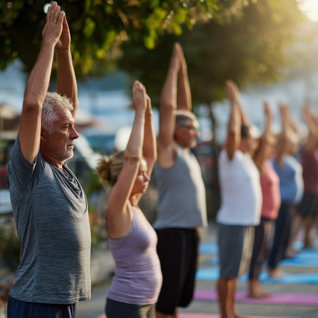 Smiling Hungarian couple in their 30s practicing partner yoga poses together, showing emotional connection through movement